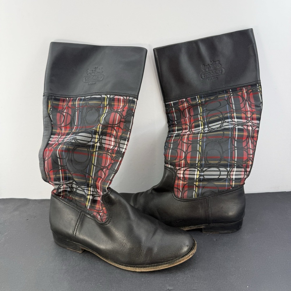 Coach Chrissi Signature C & Mutli Tartan Plaid Black Leather Boots Sz 9 B